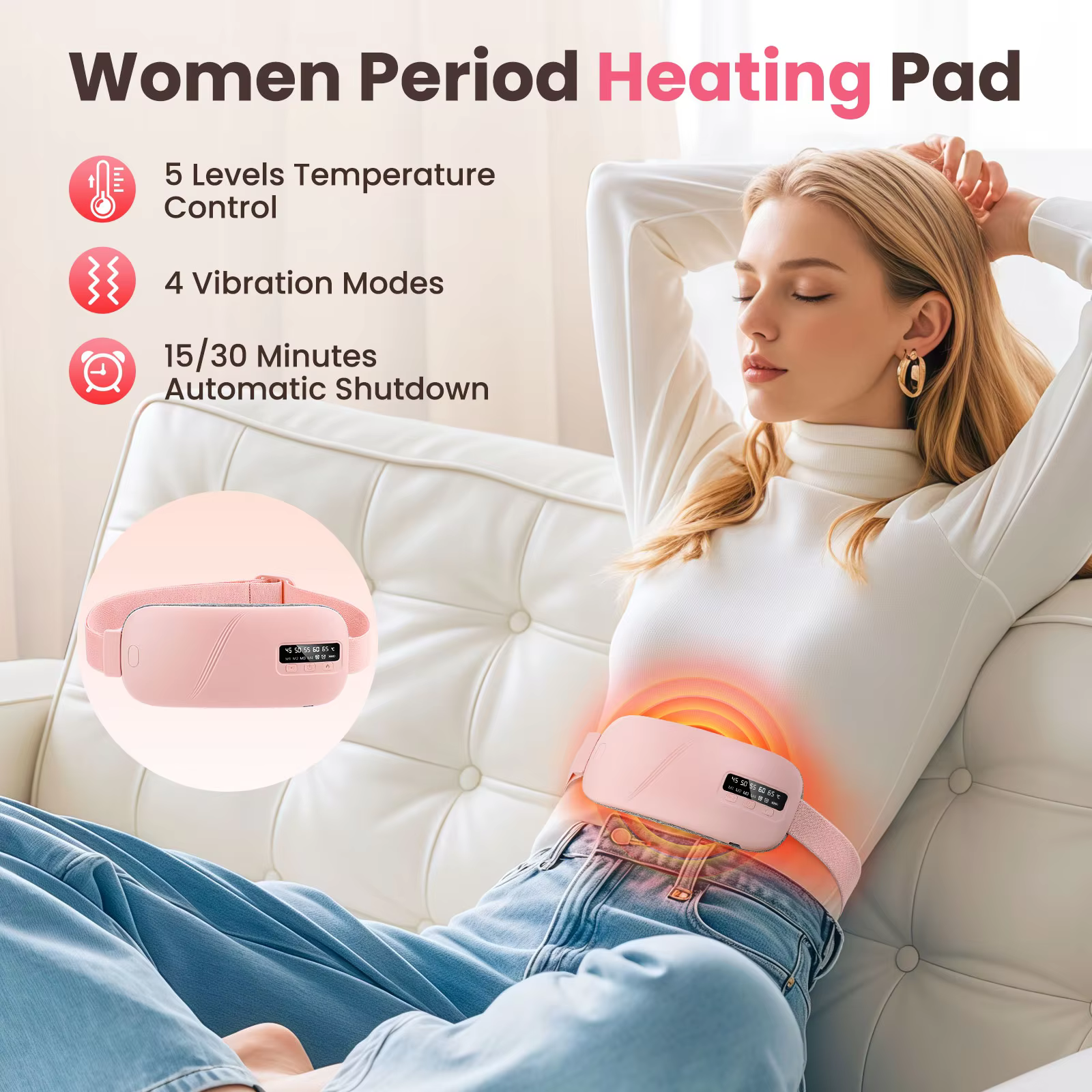 Smart Warm Heating & Massage Belt for Women | Menstrual Period Cramp Relief Heating Pad | Electric Abdominal Back Pain Support Waist Belt | Cordless Rechargeable 4 Modes 4 Heat Levels